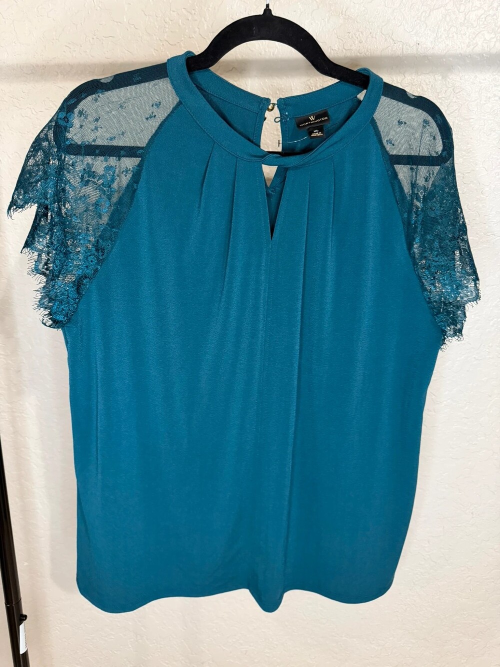 Worthington Teal Keyhole Lace Short Sleeve Blouse - Size XL